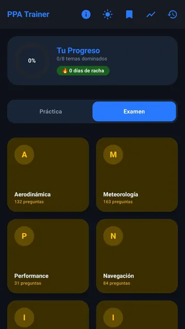 Panel principal con las materias y los modos Práctica y Examen