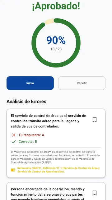 Resultado de un examen aprobado con 90 % y el análisis de errores